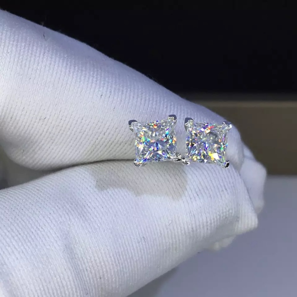 4-7mm Square Cut VVS Diamond 925 Silver Pin Studs